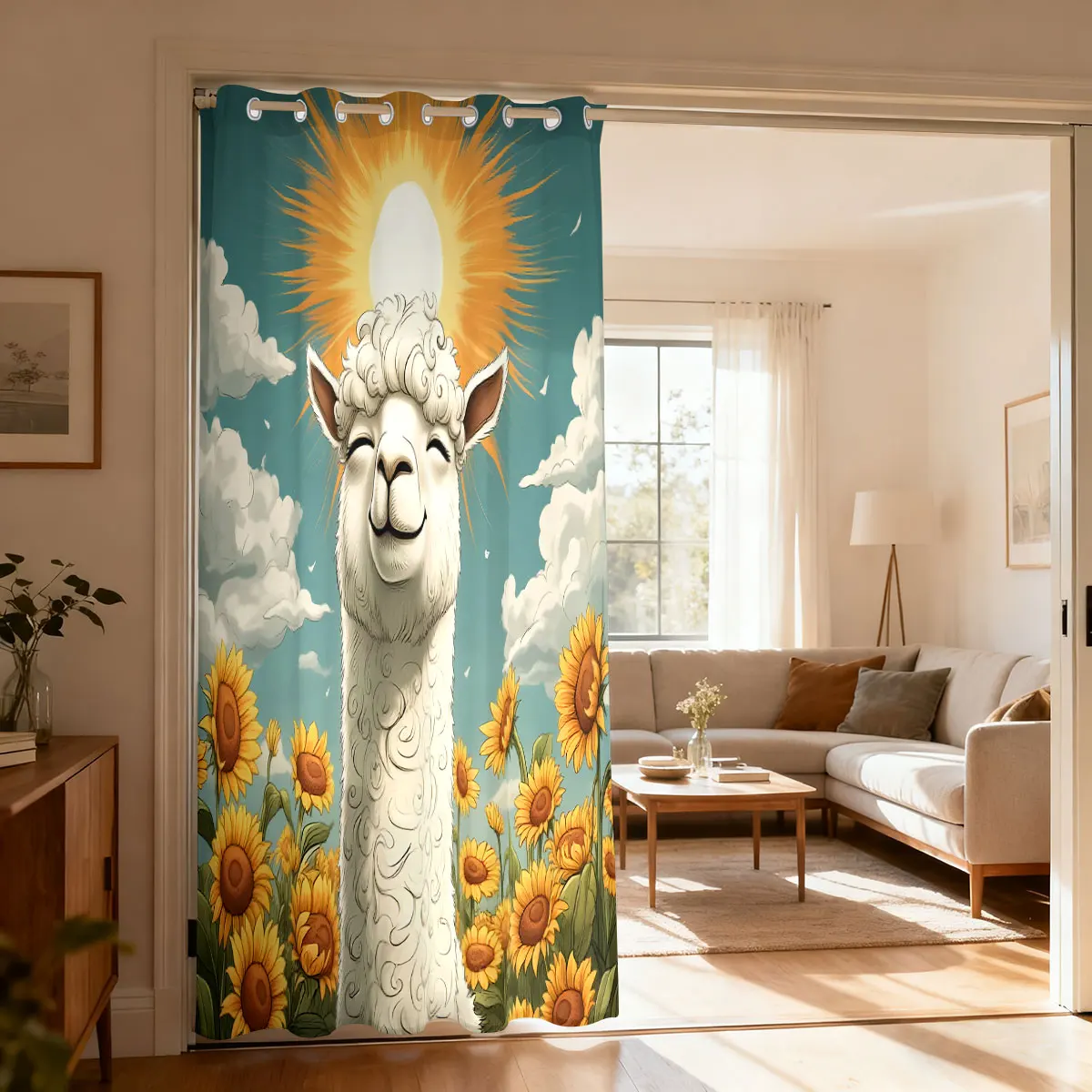 Warm Sun Alpaca Sunflower Ocean Floral Print Single Panel Loop Top Curtain 1PC, Hanging Door Curtain For Living Room Bedroom,