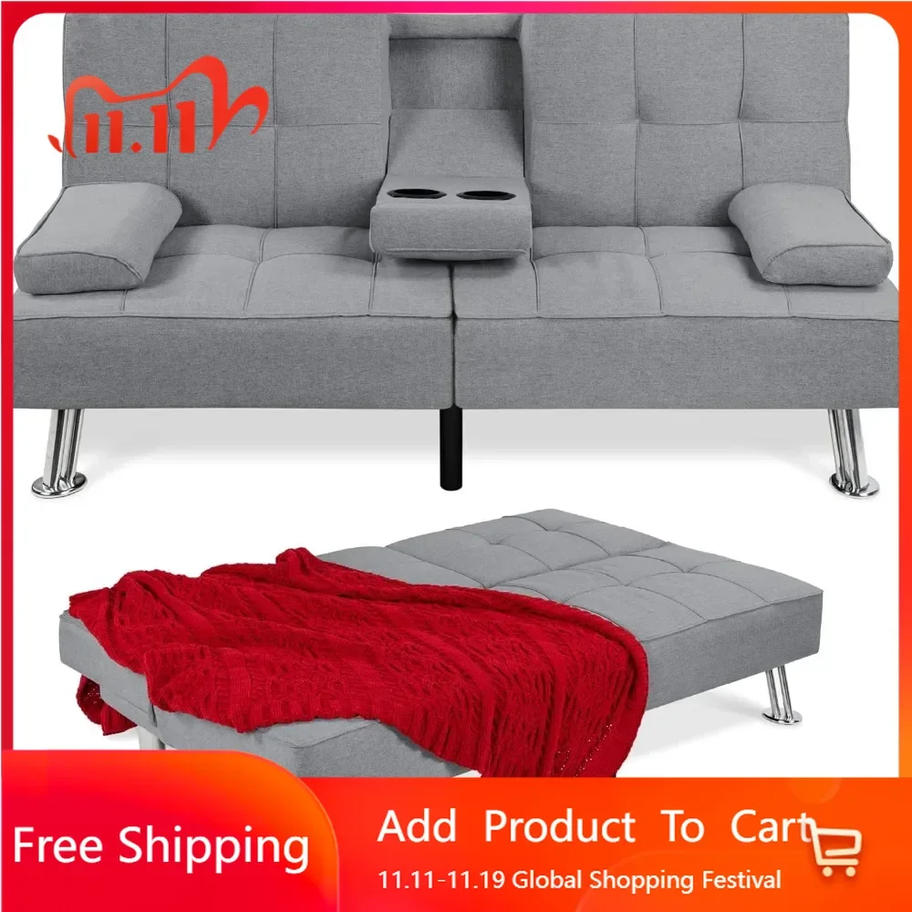 Reclining Sofa Bed，Linen Modern Folding Futon, for Apartment, Dorm W/Removable Armrests, 2 Cupholders - Gray