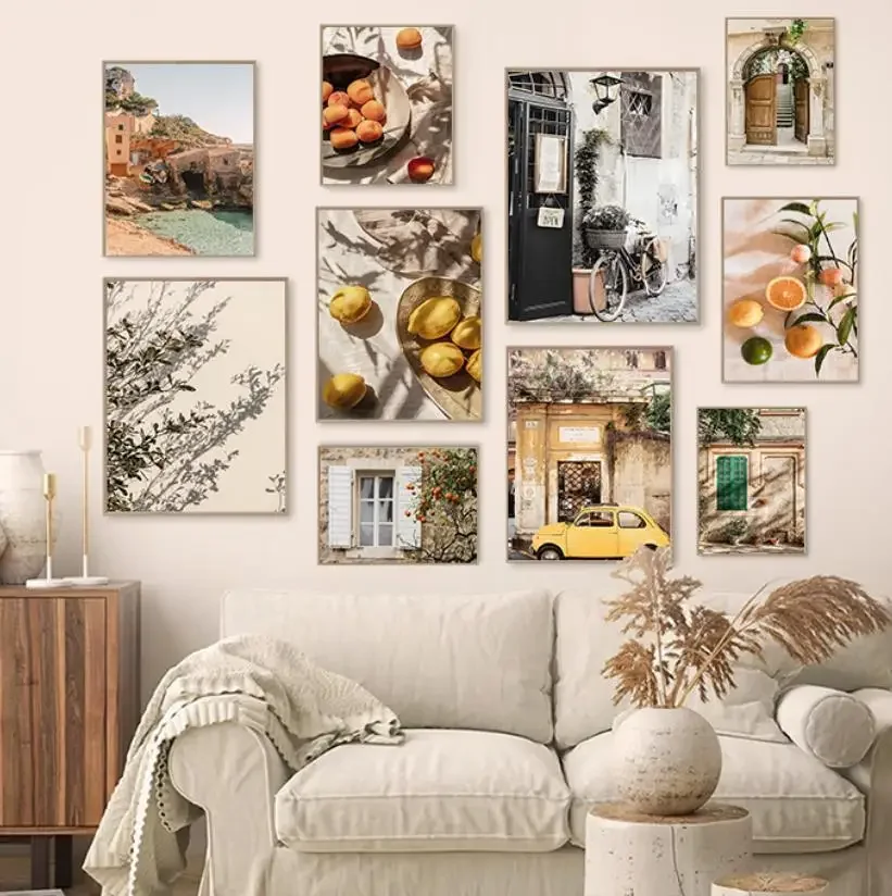 Nordic Europe Town Casual Landscape Canvas Picture House Beach Courtyard Sunlight Car Poster Lemon Bohemian Living Room Paint