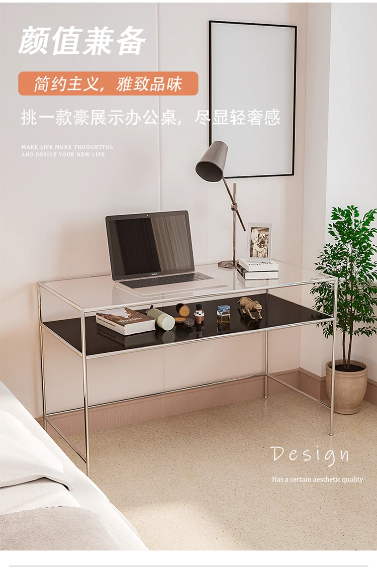 Stainless steel tempered glass computer desk minimalist jewelry cabinet square table