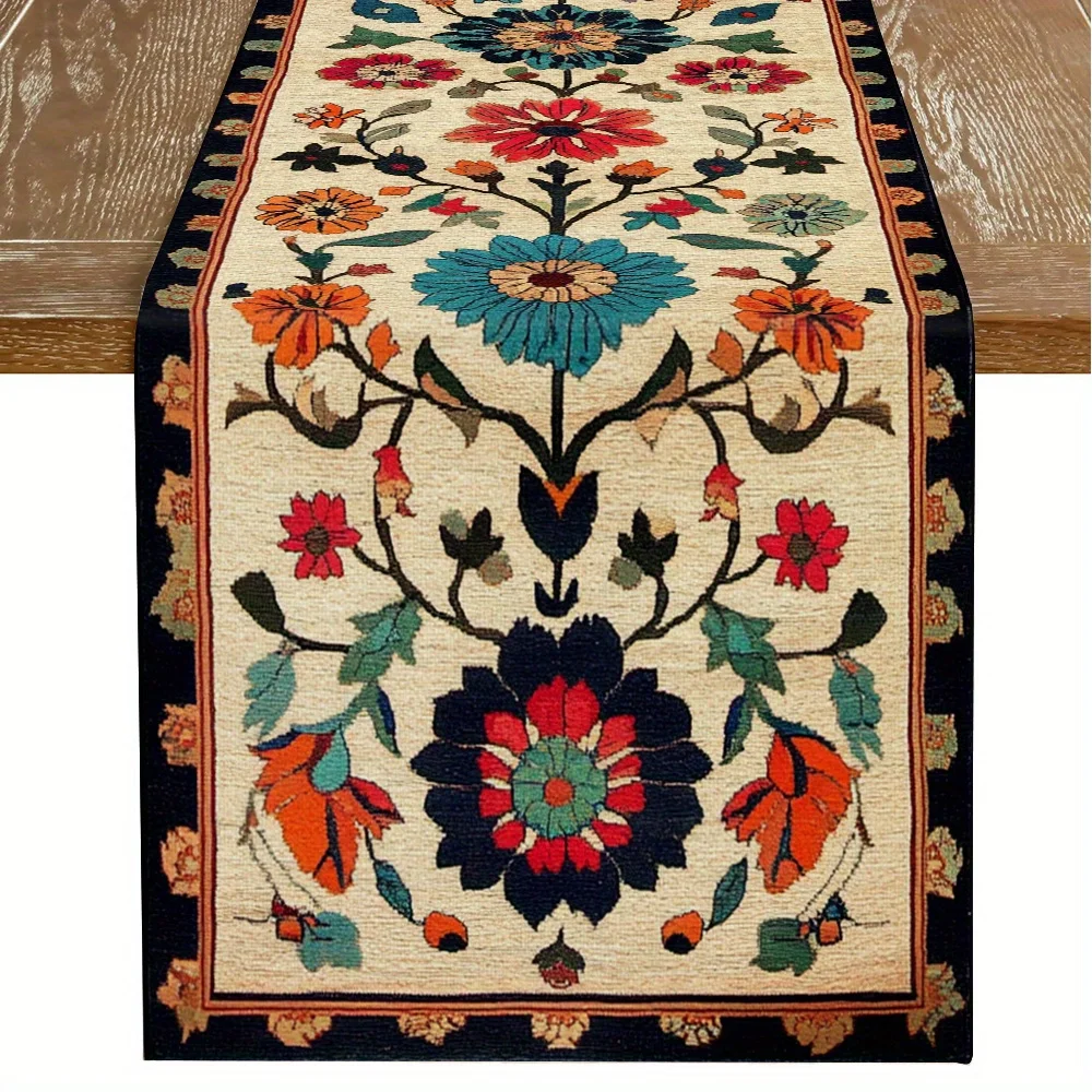 Polyester Floral Table Runner Vintage Pattern Colorful Flower Design Ethnic Style Dining Decor Elegant Party Accent Durable