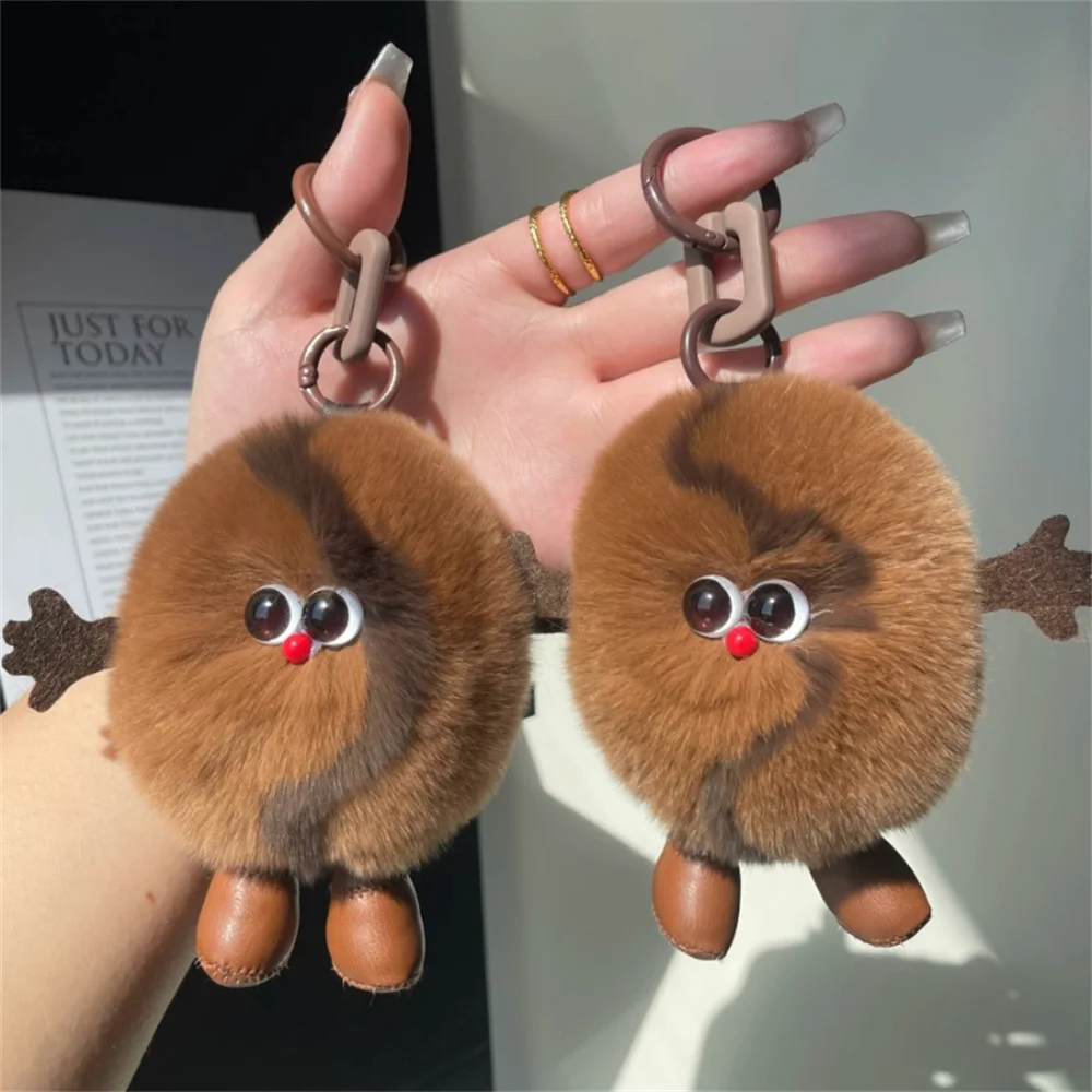 Plush Keychain Adorable Real Rex Rabbit Fur Coffee Bean Keychain Fluffy Kawaii Key Chain Women Plush Toy Bag Charms Trinkets