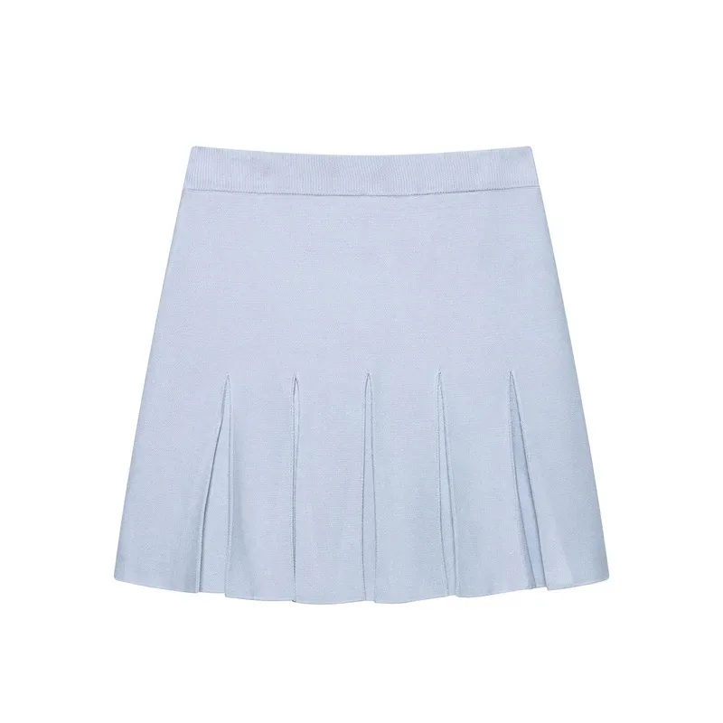 

Women's Vintage Two-Piece Set Pearl Blue Knitted Sweater with Elastic Waist Mini Skirt Fashion Co-ord Outfit
