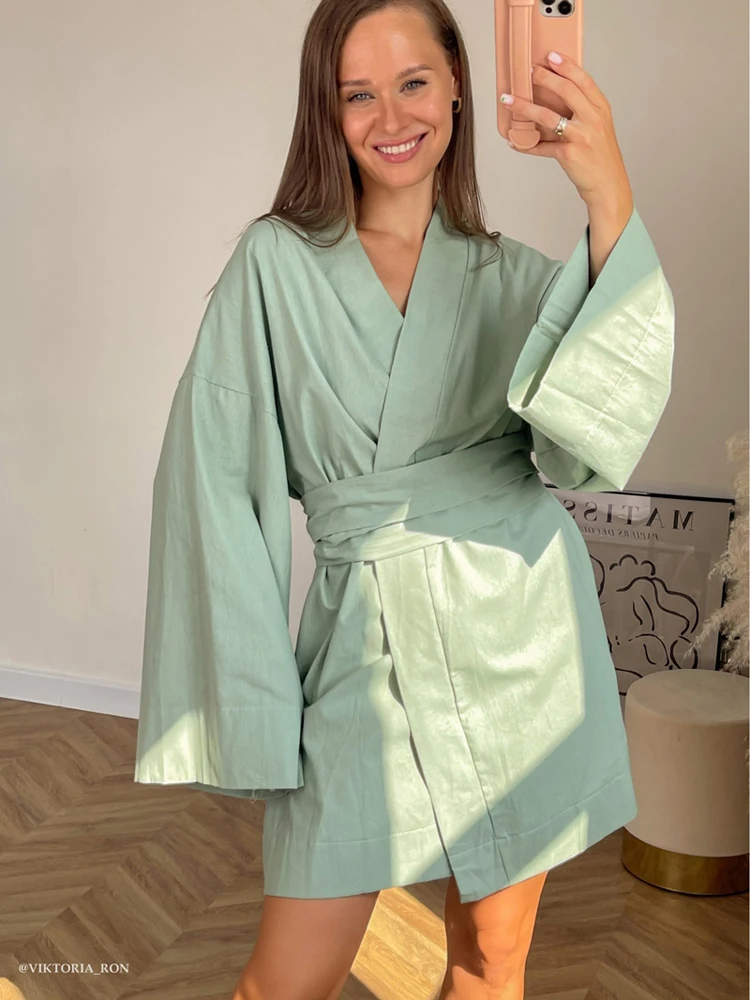 

Women Long Blouses Dress 2023 Spring Casual Bandage Cotton Linen Mini Dress Lace-up Loose Shirts Robe Style Oversize Dresses