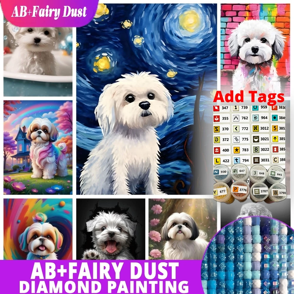 

AB Fairy Dust DMC stickers Maltese Dog 5D Diamond Painting Pet Art Portrait DIY Embroidery Mosaic Animal Oil Room Home Decor