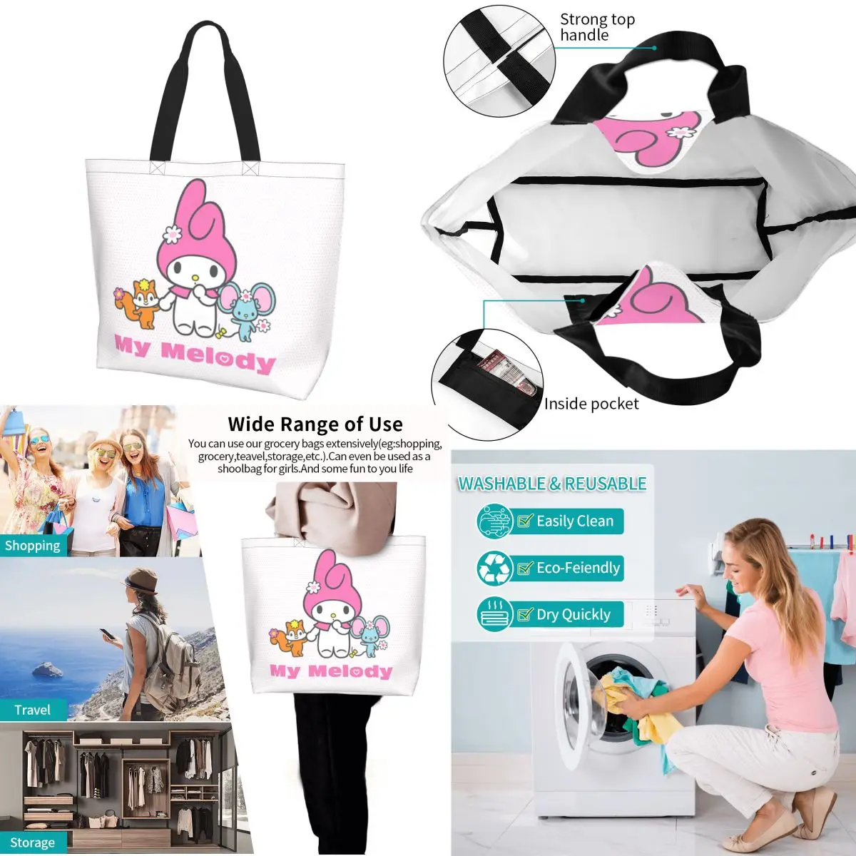 Bolsa de Compras de Grande Capacidade para Mulheres, Bolsa de Ombro, Moda, Sanrio, My Melody, Acessórios para Meninas