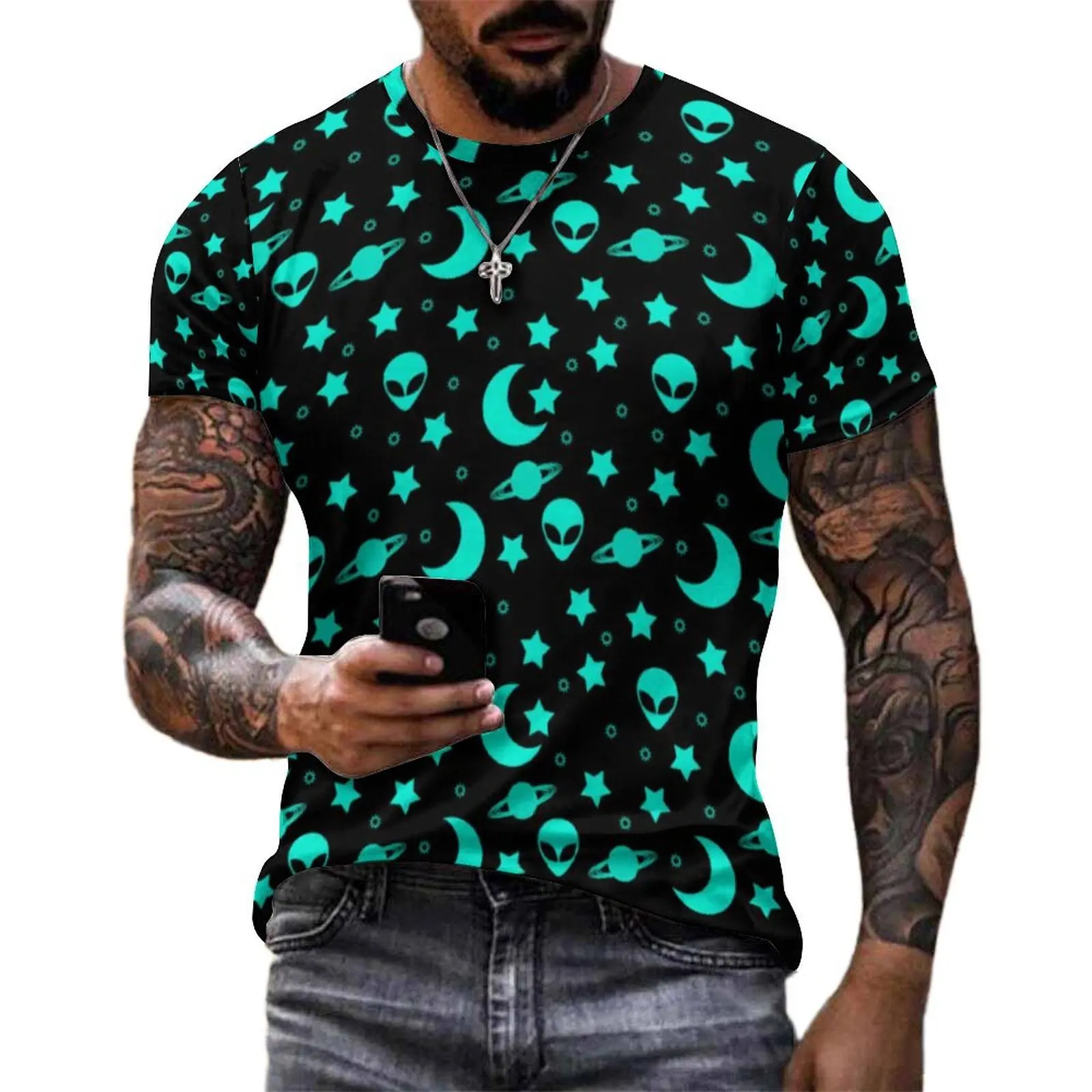 Men Star Outer Space T-Shirt Extra Terrestrial Hip Hop T Shirts Short Sleeve Design Tops Hot Sale Summer Y2K Fun Oversized Tees