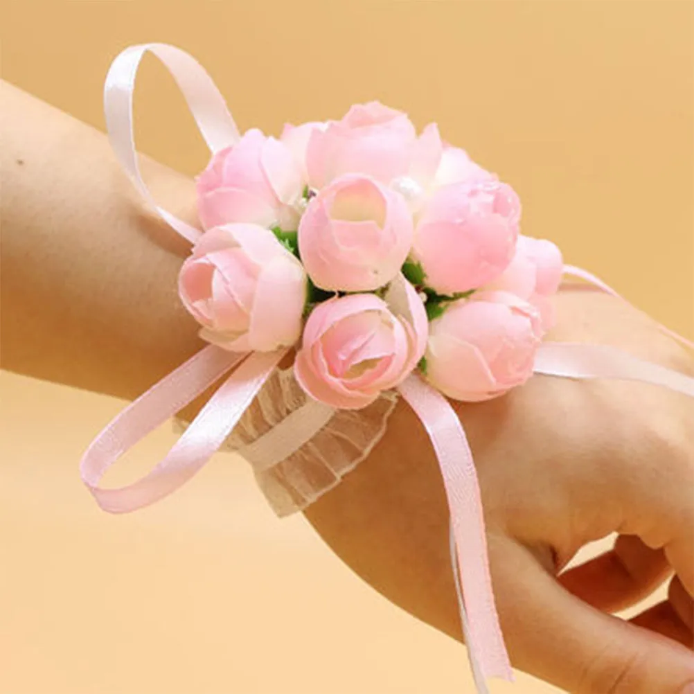 

4Pcs Wedding Wrist Flower Brooch Silk Artificial Flower Ornament for Bridal Bouquet Church Photo Studio Party Decoration Pink