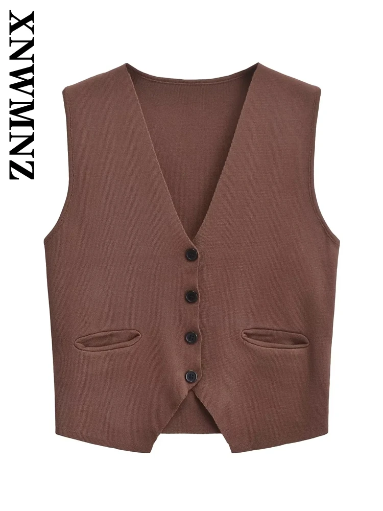 XNWMNZ 2024 ผู้หญิงใหม่ฤดูใบไม้ร่วง Casual GILET Coat หญิง VINTAGE V-คอเสื้อแขนกุดสีทึบ Single-breasted TOP Waistco