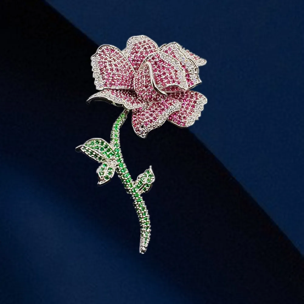 Winter New High-end Inlaid with Zircon Flower Brooch Luxury Design Iris Rose Orchid Corsage Clothing Accessories Pin Women Gifts
