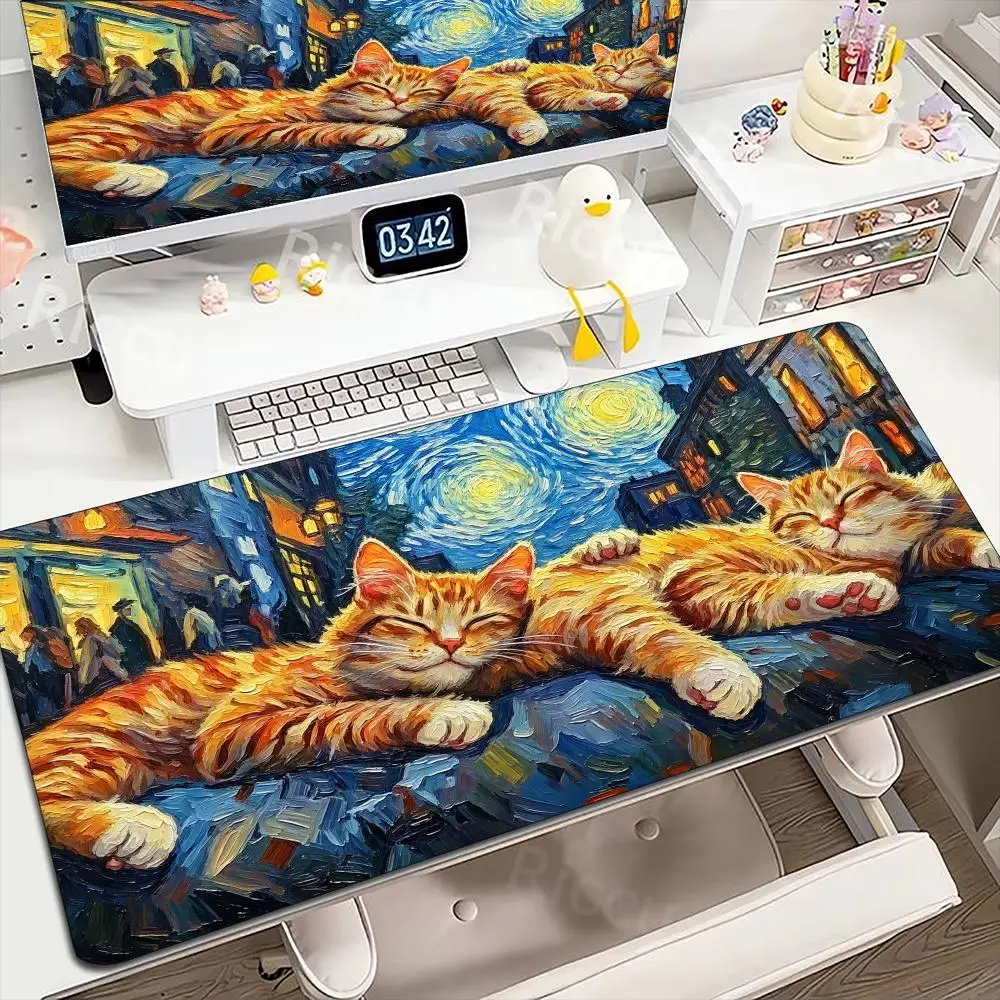 Starry Night Cat Art Large Desk Mat XXL Mouse Pad Premium Non-Slip Rubber Base HD Vivid Print Overlock Edge For Desk Use Pick
