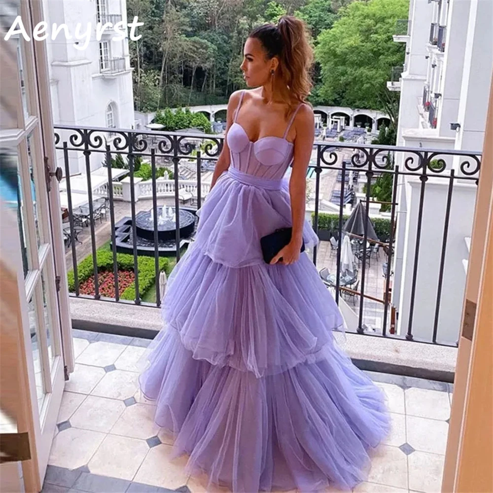 Aenyrst viola Spaghetti Strap Tulle abiti da ballo Sweetheart A Line abiti da sera A strati 2024 lunghezza del pavimento vestito da festa di compleanno