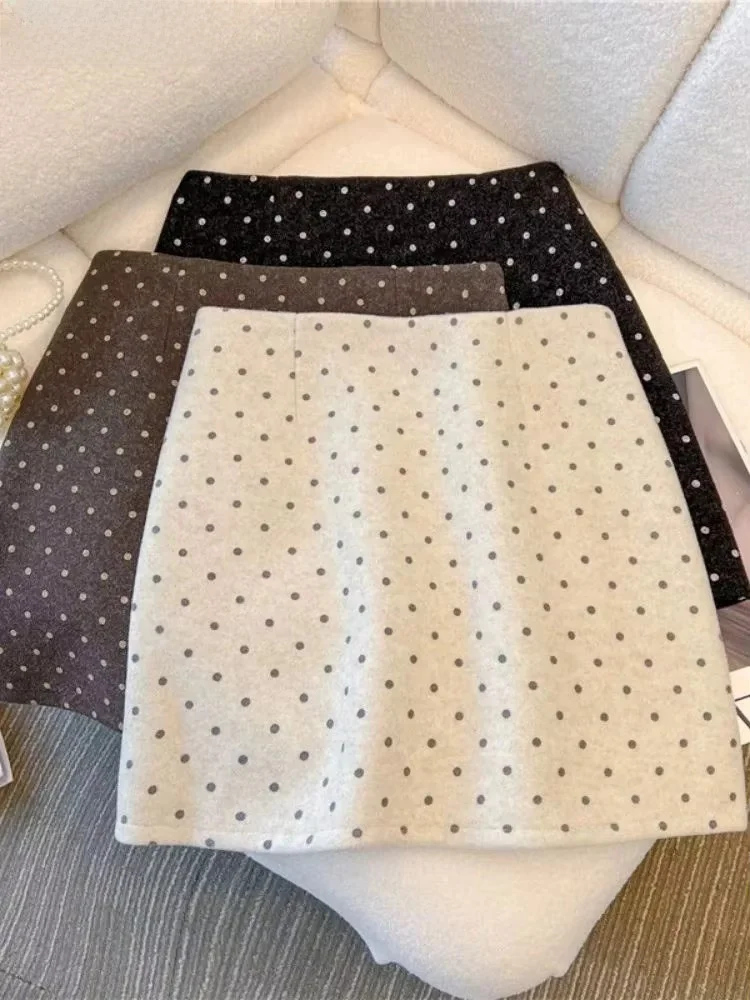 Korean Style Polka Dot Tweed Mini Skirts A-line Bodycon Women Skirt Slimming Versatile Fall Winter Vintage Faldas Mujer