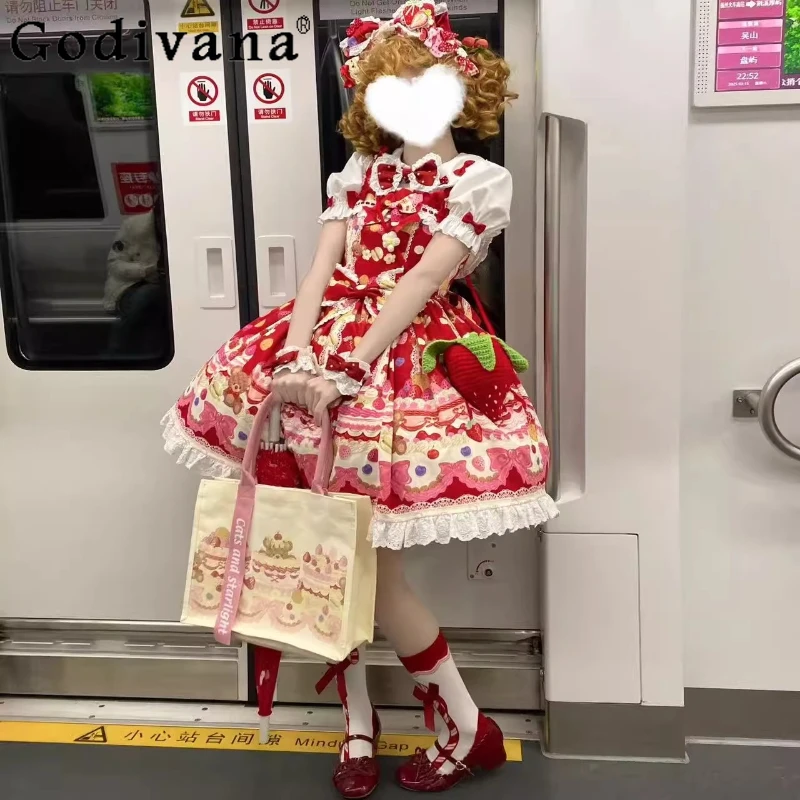 

Japanese New Soft Girls Lolita Red Strap Dresses Women Cute Bow Print Y2K Birthday Party Mini Dress Lo Kawaii Sleeveless Dress