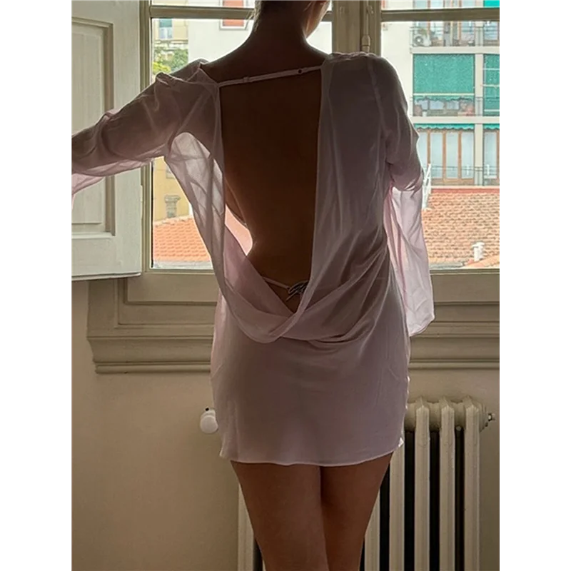 فستان ABP-Women's See Through قطعتين بأكمام طويلة ورقبة على شكل V بقماش شفاف فستان قصير بدون ظهر مكشوف