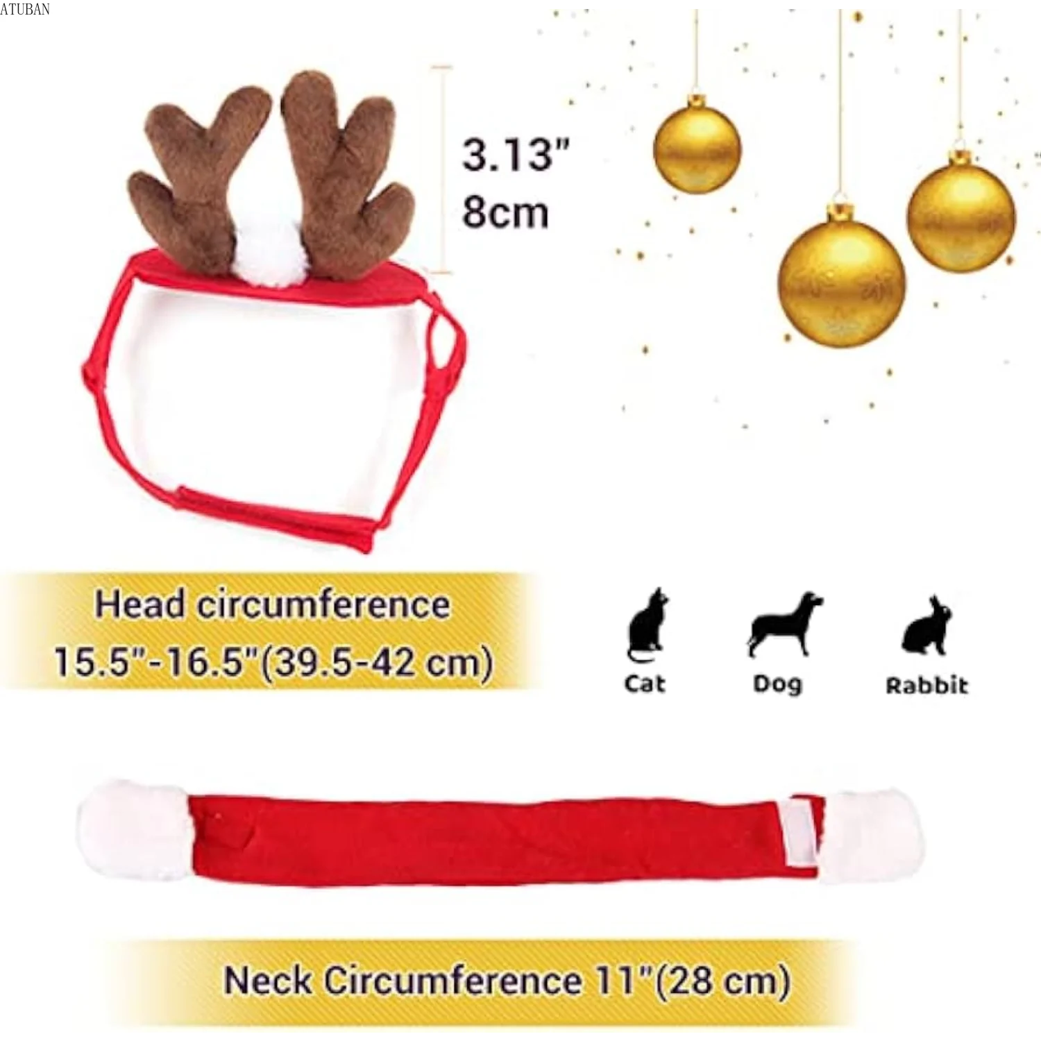 ATUBAN  Small Dog Costume Christmas , Cat Santa Pet Christmas Reindeer Antlers with Scarf for Cat, Small Dog puppy accessories