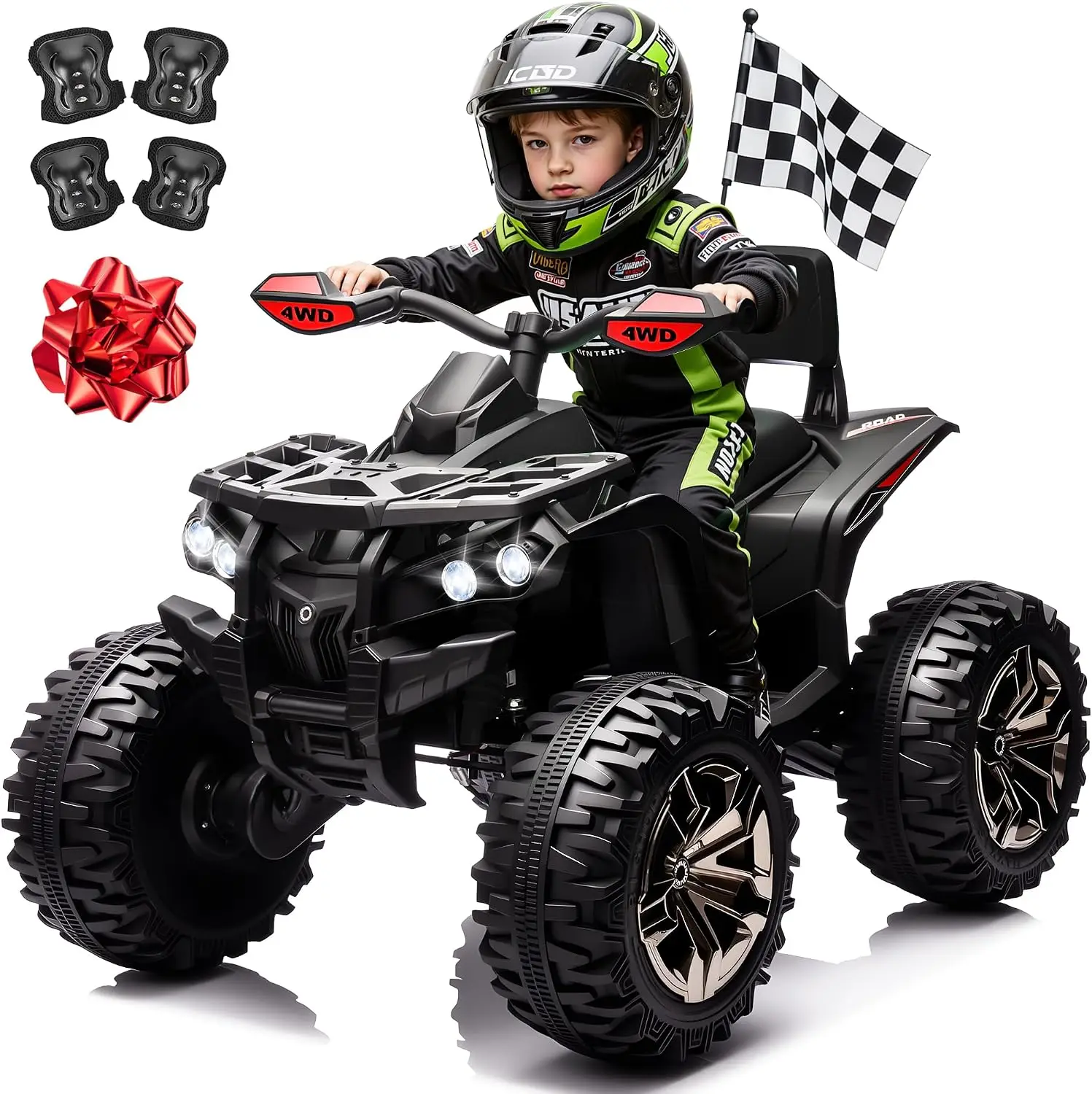 24V Kids Electric ATV, 4x4 Quad Four-Wheeler with 800W Motors, 9AH Battery-Powered Electric Car, Remote Control, 3 Speed Settings, Shock Absorbers, Bluetooth, Ride-On Toy for Ages 3-8, Black