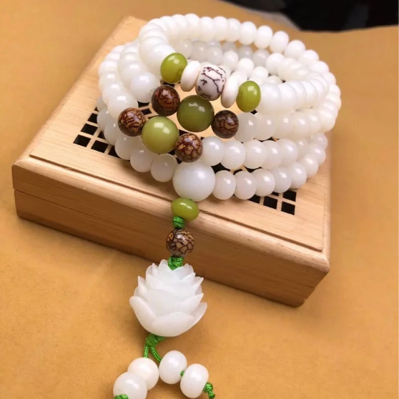 

Root , White Jade Bodhi 108 Beads Buddhist Prayer Bead Bracelet, Unisex, Chinese Style, Fresh and Sweet