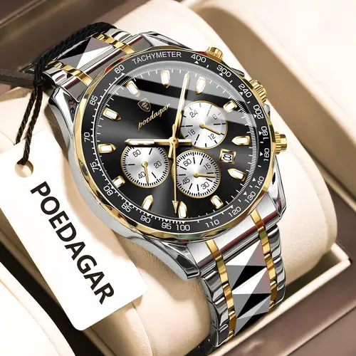 Imagen 2 del producto Reloj de pulsera POEDAGAR con estilo para hombre, resistente al agua, luminoso, de acero inoxidable, relojes de negocios para hombre, cronógrafo con fecha, reloj de cuarzo para hombre