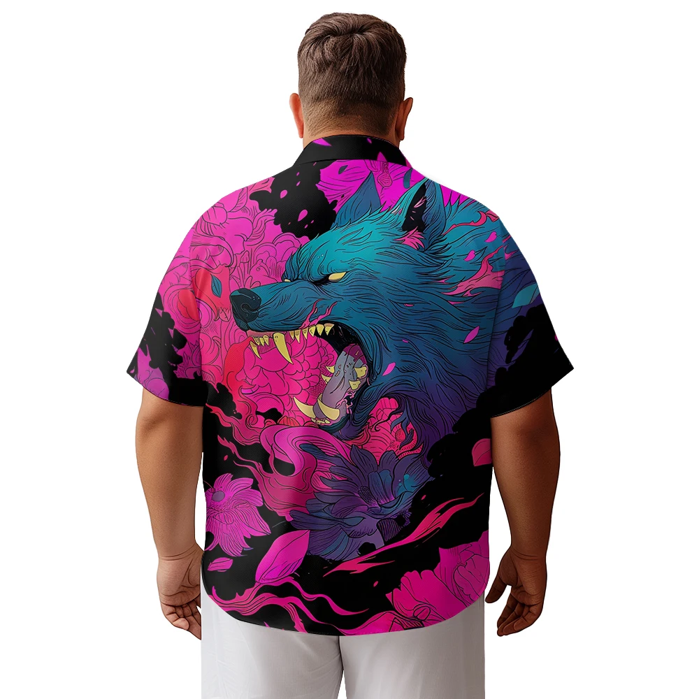 2024 new comic Wolf print clothing men's shirt loose large size elastic small casual short-sleeved thin shirt