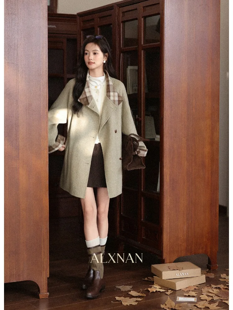 ALXNAN Winter Women Green Wool Coat Warm Plaid Patchwork Sheepskin Jacket 2025 Fashion Wool Outerwear Female L58870