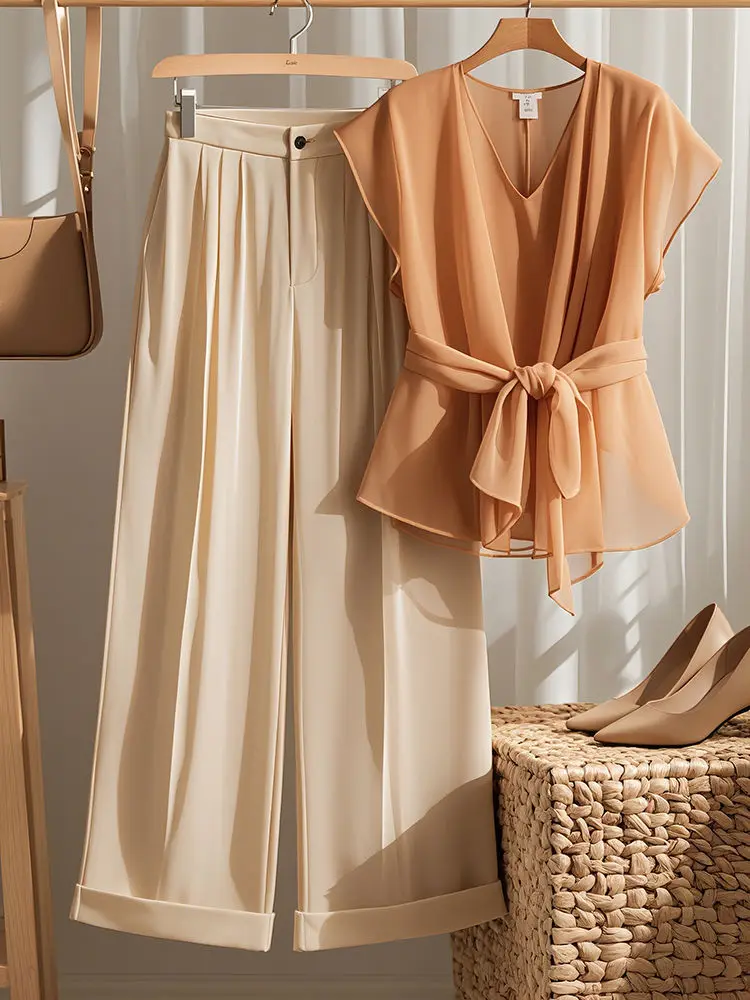 

Fashion V-neck Sleeveless Bow Lace Up Yellow Chiffon Shirt for Women+ Y2k High Waist Loose Wide Leg Pants Two Piece Sets