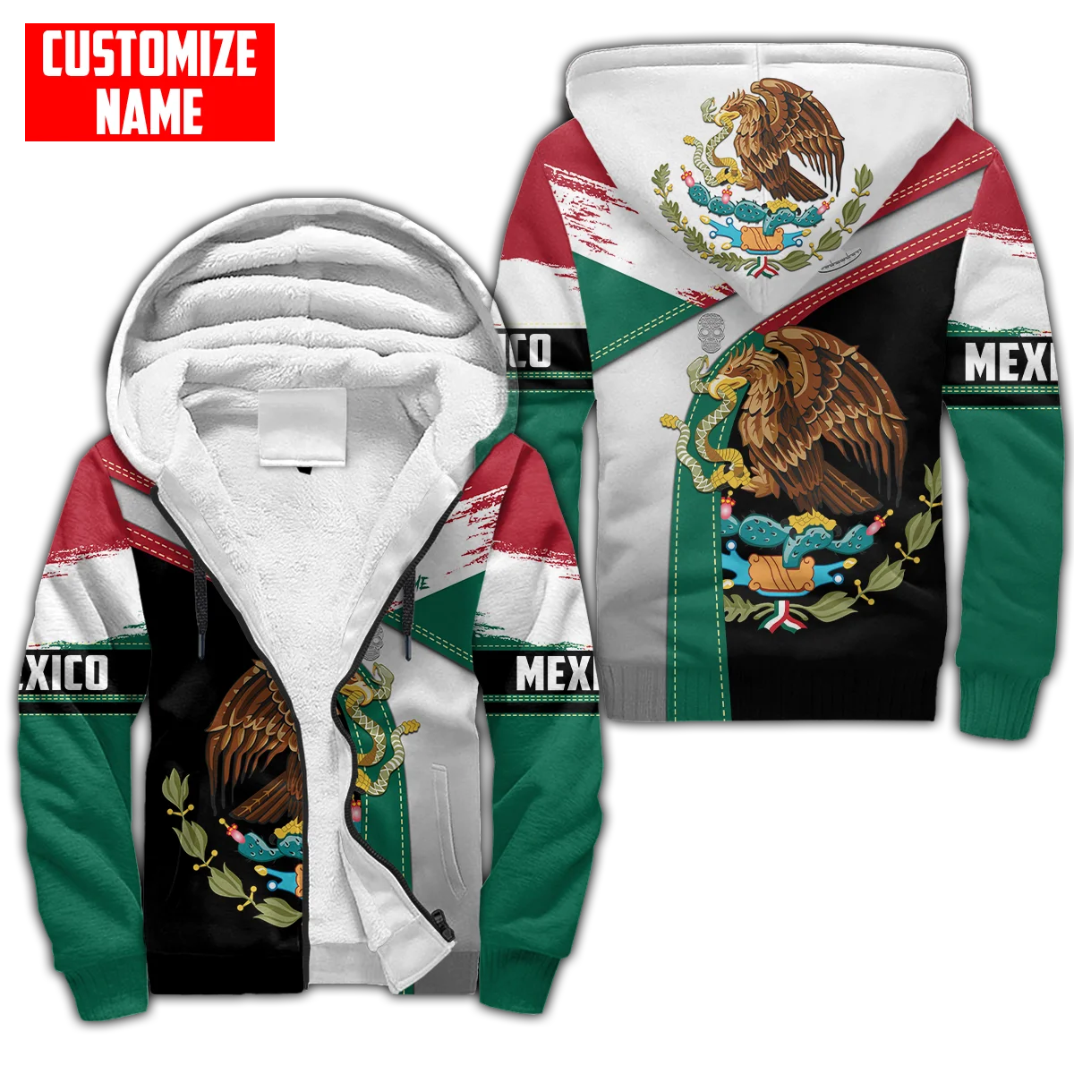 Personalized Name Mexico Coat Of Arms 3D Printed Men's Fleece zipper Hoodies Unisex Winter Warm thicken Zip Jacket Coat SWC08