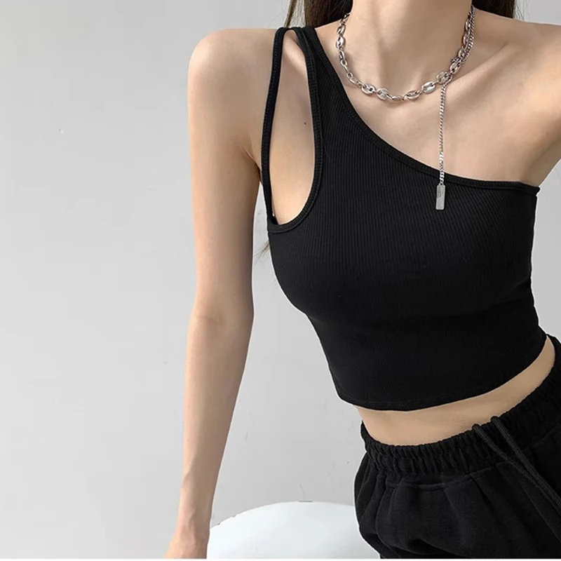 Single Shoulder Crop Tops Blusa Women Sleeveless Sexy Bandage T Shirt Top Fashion Black Lace Up Tank  knit Top