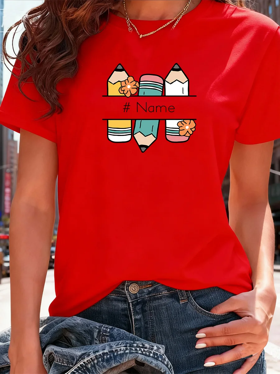 تي شيرت أبيض قصير الأكمام بنمط قلم رصاص ملون ونص اسم قابل للتخصيص للنساء #4