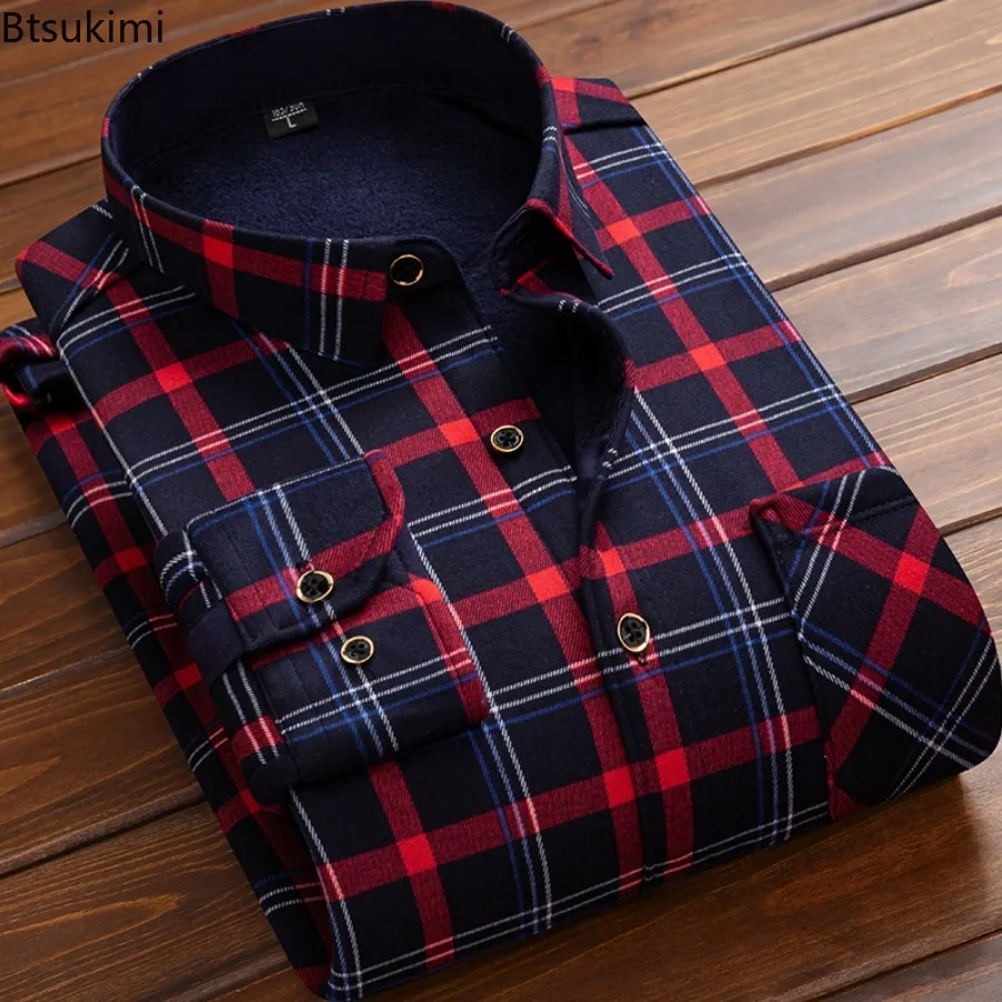 2026 Men's Casual Loose Plaid Long Sleeve Shirt Tops Fashion Winter Plus Fleece Thickened Warm High-Quality Shirt Tops Camisa