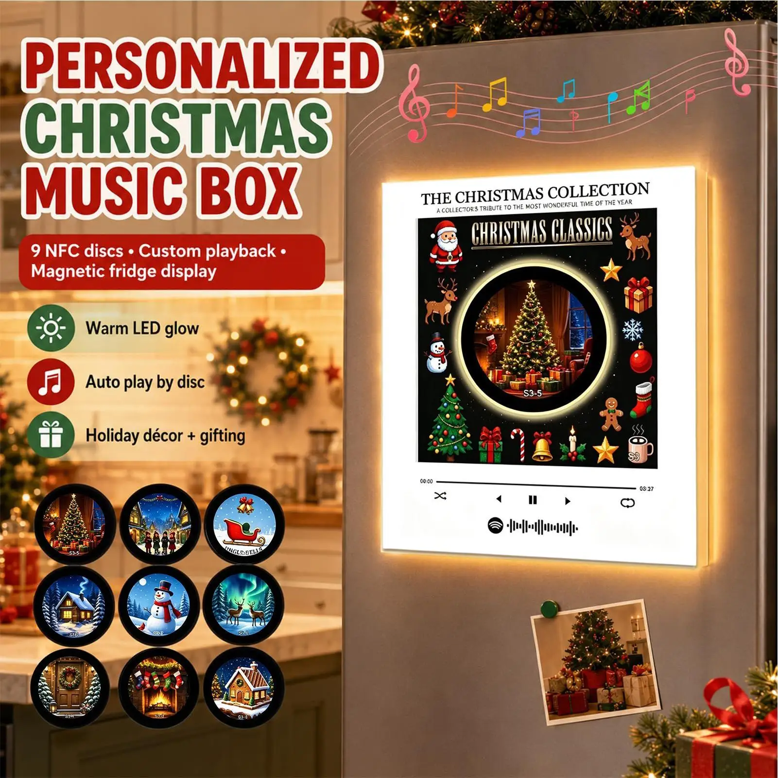 Christmas Rotating Music Box With 9 Discs Magnetic Fridge Music Player Christmas Fridge Player For Kitchen Home Festive Decor