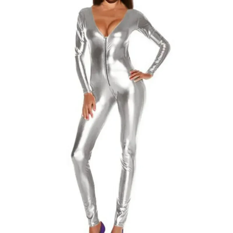 

New Fashion Women Faux Leather Jumpsuit Holographic Metallic Catsuit Sexy Bodycon Bodysuit Costumes