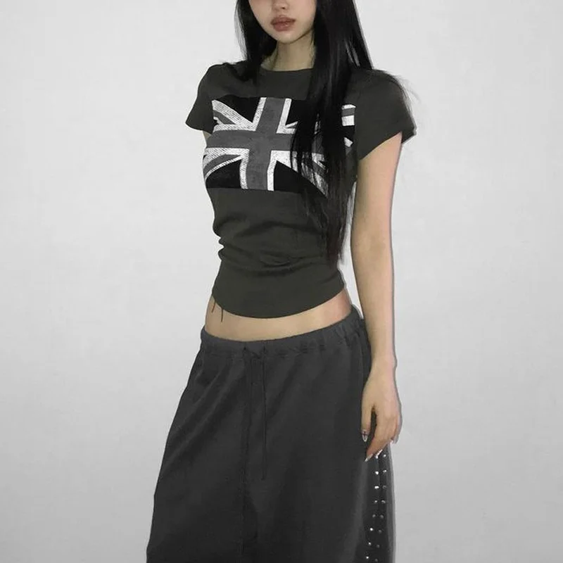 90s Vintage Women  Union Jack Flag Graphic T Shirts Y2k Kpop Emo Aesthetic Clothing Crop Top Slim Fit Crew Neck T-shirts