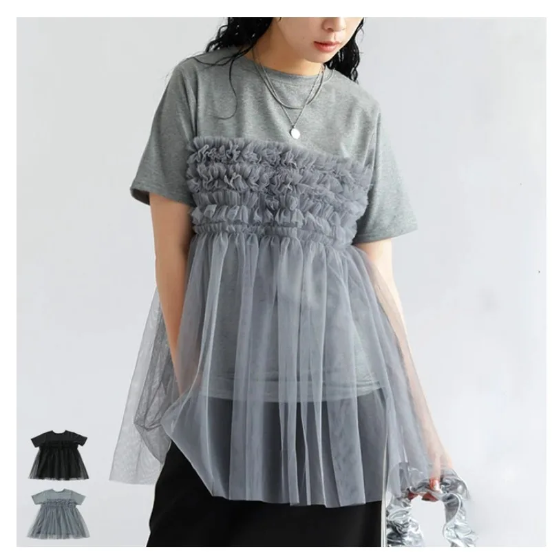 

Japanese Sle Pure Cotton ort Sve round Ne T-irt Heavy Embroidery Me Patchwork Top Women's Summer Faion