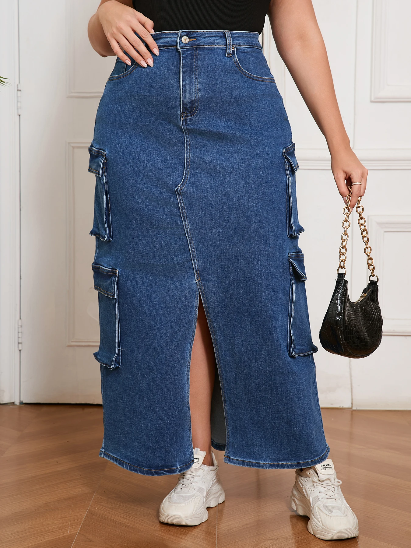Stylish Women's Denim Cargo Skirt - High Waist Long Jeans with Functional Pockets, Must-Have Women's Clothing
