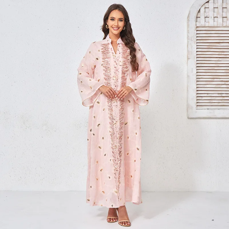 Dress Abaya Mesh Beading Women Eid Muslim Dresses Long Robe Kaftan Jalabiya Elegant Ramadan Dubai Diamonds Vestidos Largos 2