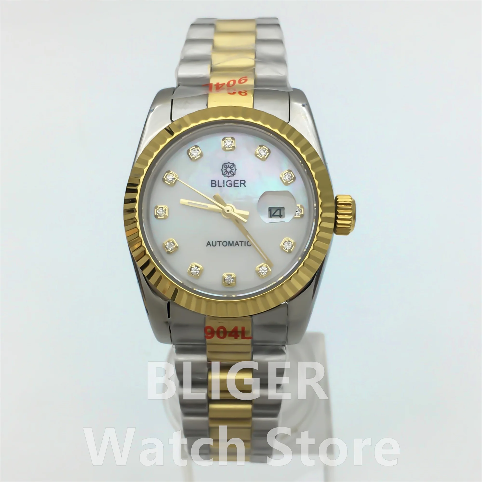 Bliger 31mm senhora relógio nh05 movimento mecânico dois tons ouro curvado moldura canelada pérola escudo dial índice de diamante vidro safira