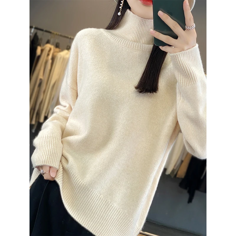 Autumn and Winter New Thick Cashmere Sweater Women High Neck Pullover Sweater Warm Loose Knitted Base Sweater Jacket Tops