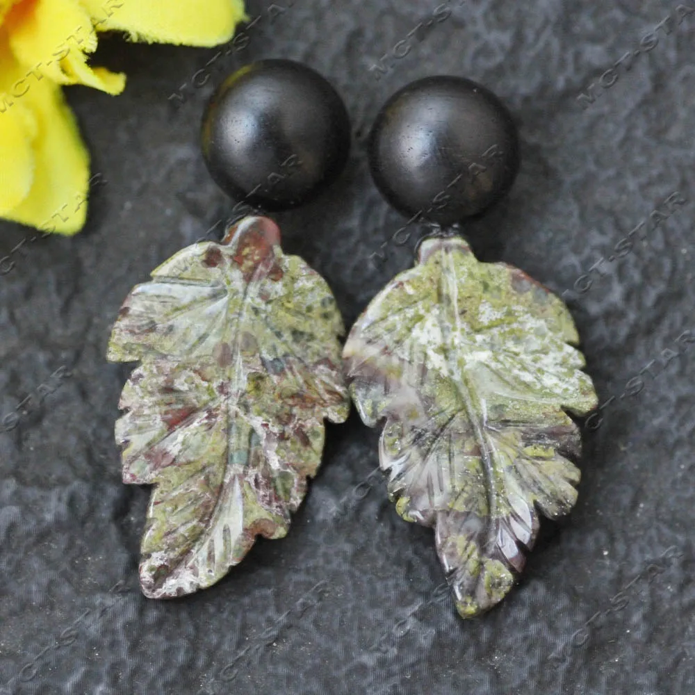 Z14732 40mm Handmade Carved Lapis Lazuli Ruby Zoisite Leaf Round Cabochon Walnut Wood Earrings for Women