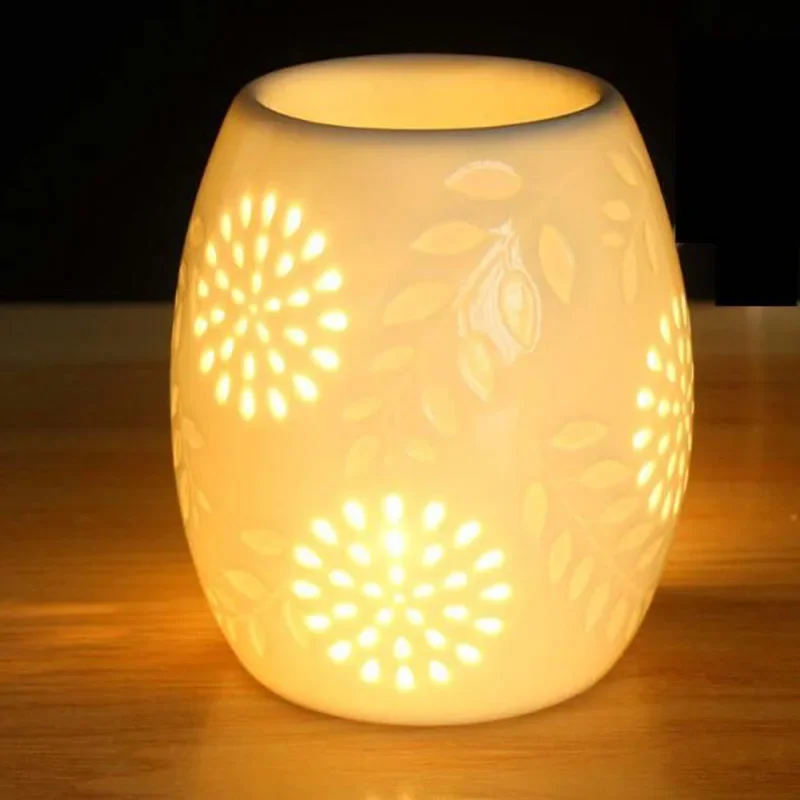 Ceramic Hollow Floral Pattern Aromatheraphy Burner Candle Holder Oval Shape Essential Oil Furnance Indoor Use Home Decor