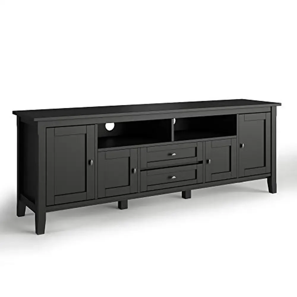 

TV Stand Media Center Storage Shelves 72" Rustic Farmhouse Design 80" TVs Black Wood Finish Rectangle Shape Square Tapered Legs