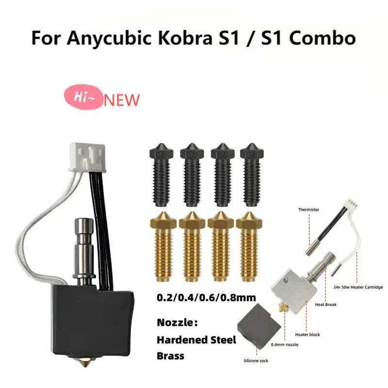 

Для Anycubic Kobra S1 S1C Combo Hotend Kit Hot End для 0,4 0,6 0,8 Закаленная сталь Латунная насадка Печатающая головка Аксессуары для 3D-принтеров