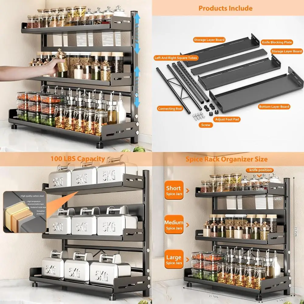 

3-х уровневая регулируемая металлическая полка для специй с ножевым блоком для кухонных и ванных столешниц