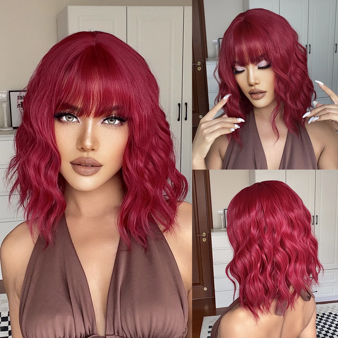 

Wine Red Wigs Short Wavy Wig with Bangs Synthetic hair Women's cosplay wigs Heat Resistant Curly Fake Hair for Party Daily Use