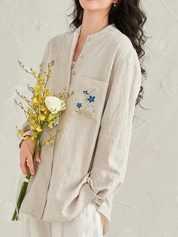 

High-End Women's Cotton Linen Embroidered Long Sleeve Shirt Loose Casual Top New Chinese Artistic Style Fashionable Spring Wear