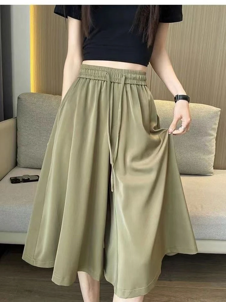 Summer New Ice Silk Wide Leg Seven Cropped Pants Women's Loose Fit Casual Thin Comfortable Solic Color Commute Simple Pants