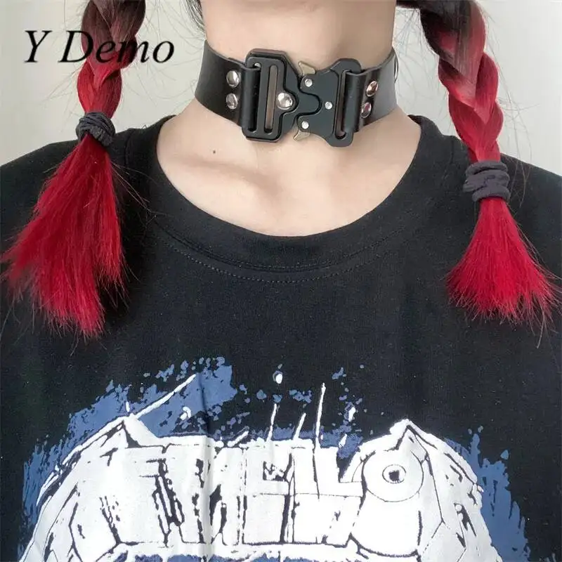 Y Demo Punk Metal Stainless Steel Buckle Adjustable Choker Women\'s Rock Necklace Party Techwear
