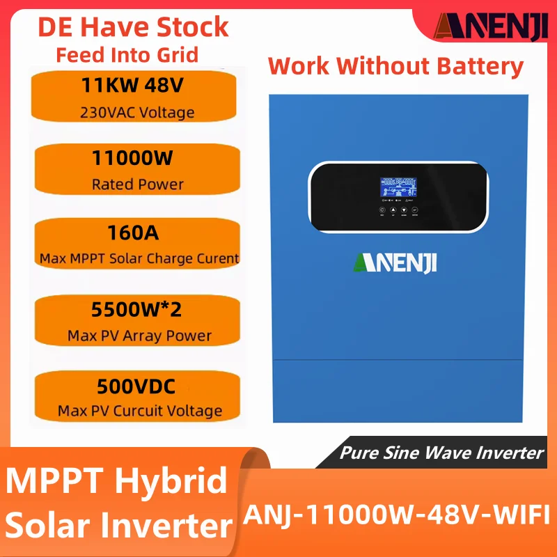

11 кВт On Grid Off Grid Гибридный солнечный инвертор 48 В MPPT Чистый синусоидальный инвертор 220 В переменного тока PV 500 В Встроенный контроллер заряда солнечной энергии 160 А