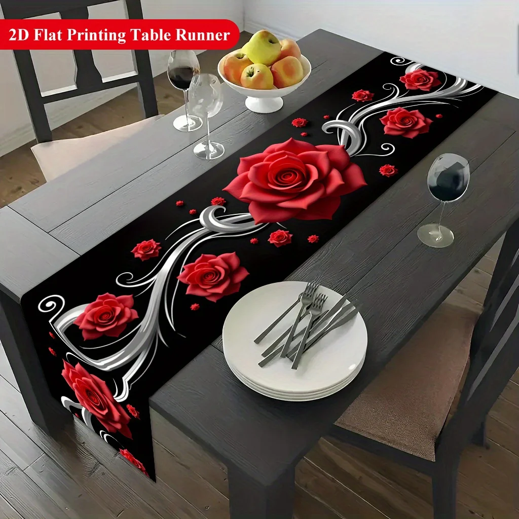 1Pc Red Rose Black Background 2D Printed Table Runner Light Luxury Style Dining Table Decoration Long Cloth Waterproof Polyester Table Cover