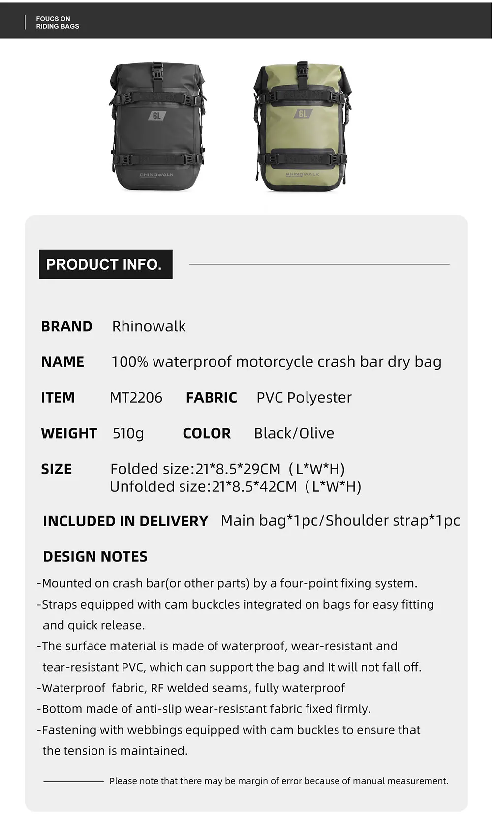 Rhino walk Motorrad Seiten tasche mit Basis wasserdicht 6l/8l/10l/15l Motor Rücksitz Tasche Rack Motocross Aufbewahrung rucksack – Detail 16
